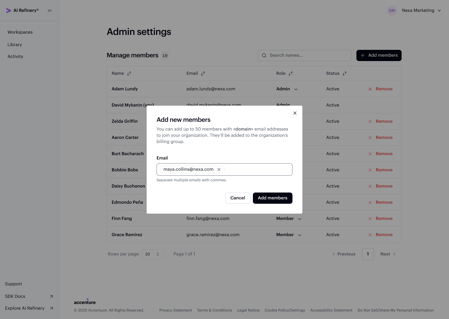 Add new members dialog with email address input field