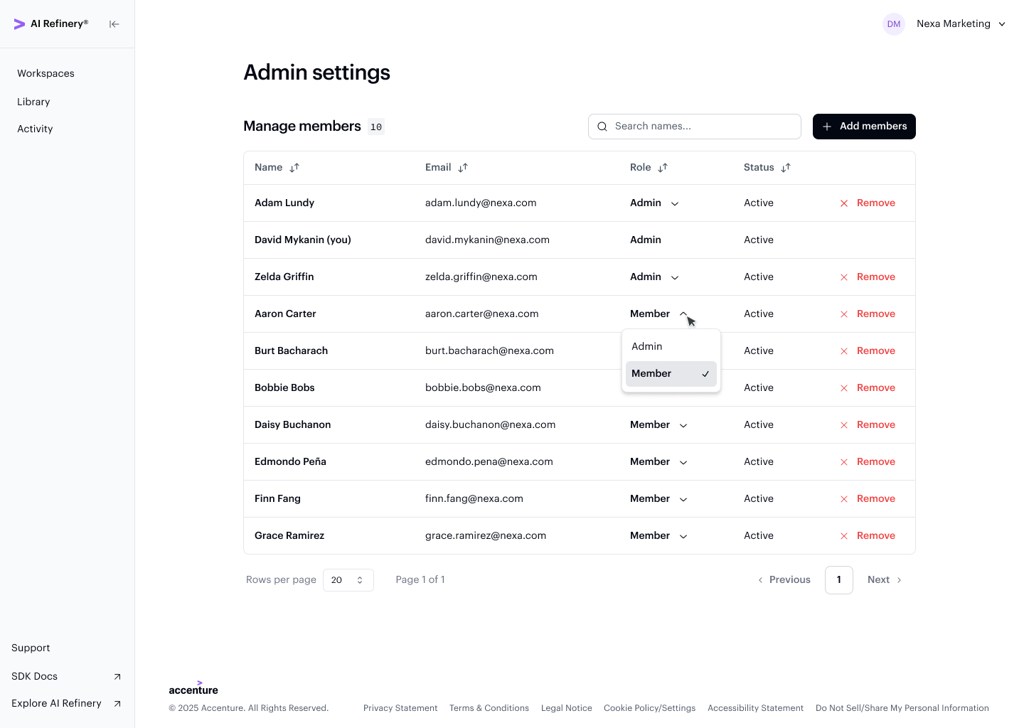 Admin Settings — Role dropdown open on a member row showing Admin and Member options