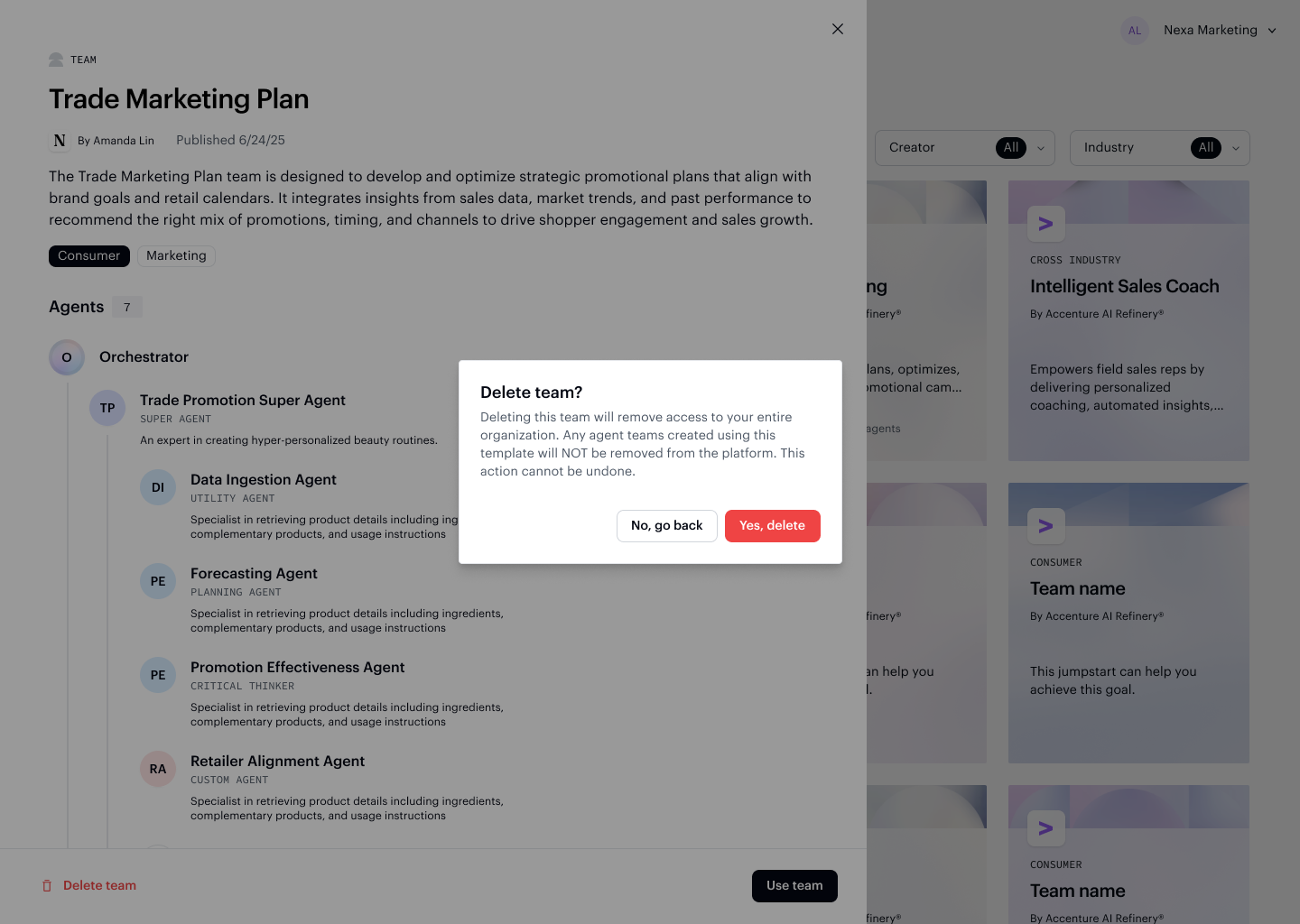Delete team confirmation dialog with warning that the action cannot be undone