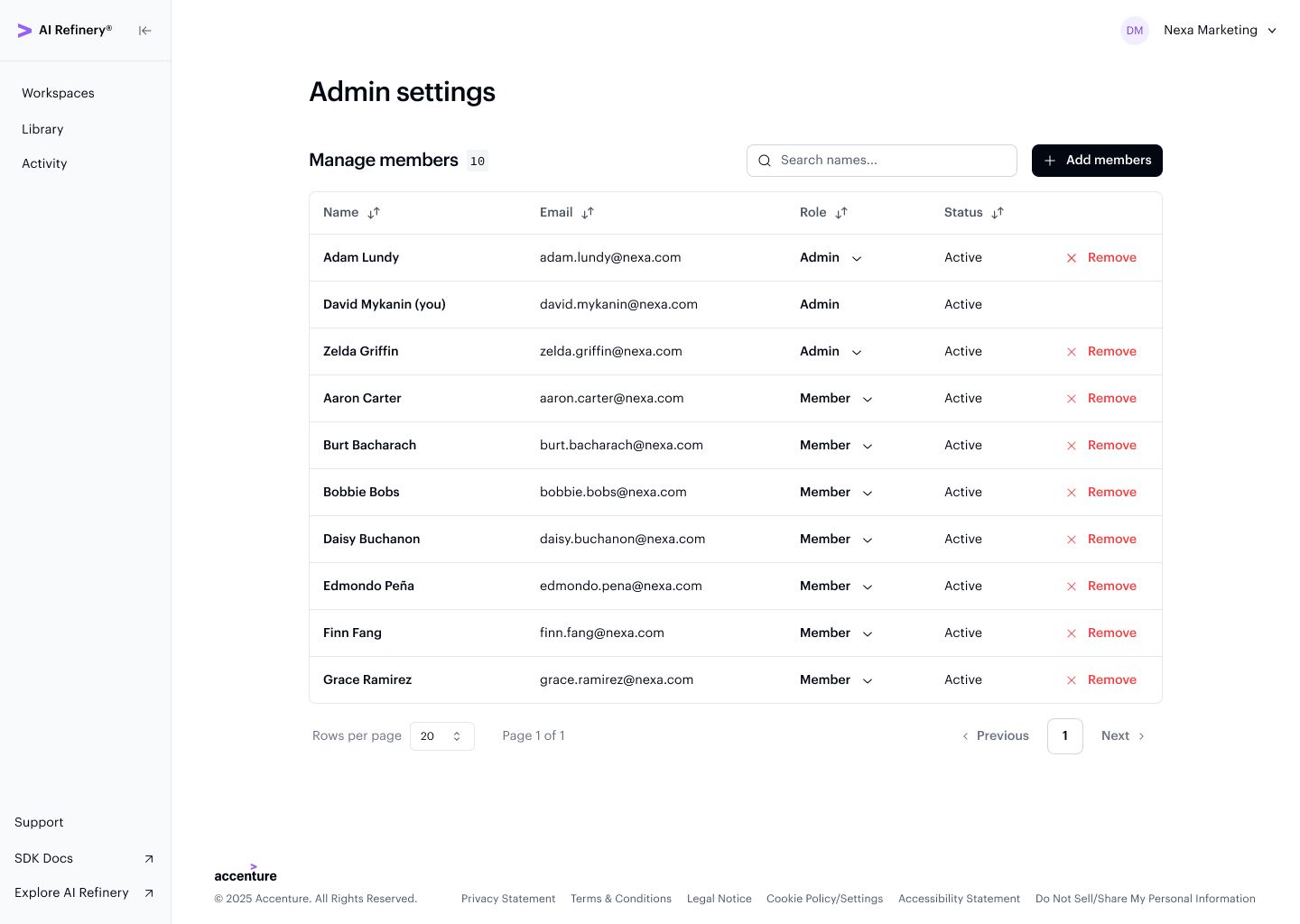 Admin Settings — Manage members list showing users, roles, and statuses