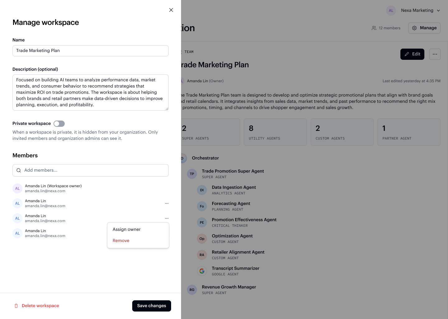 Manage workspace panel with name, description, privacy toggle, and member list
