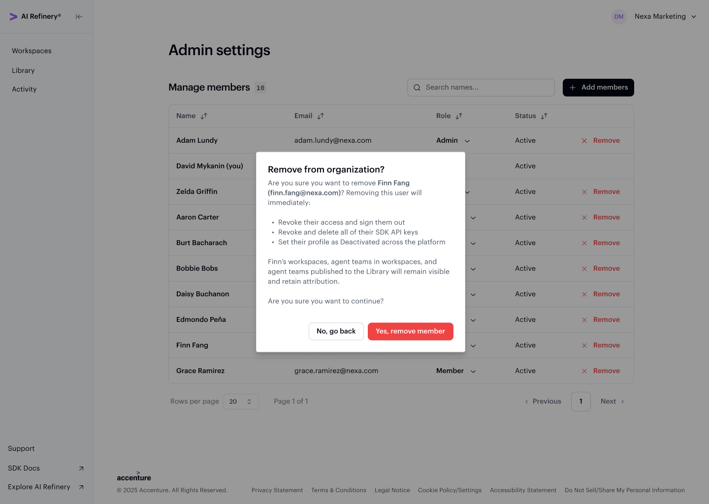 Remove from organization confirmation dialog listing access and key revocation consequences