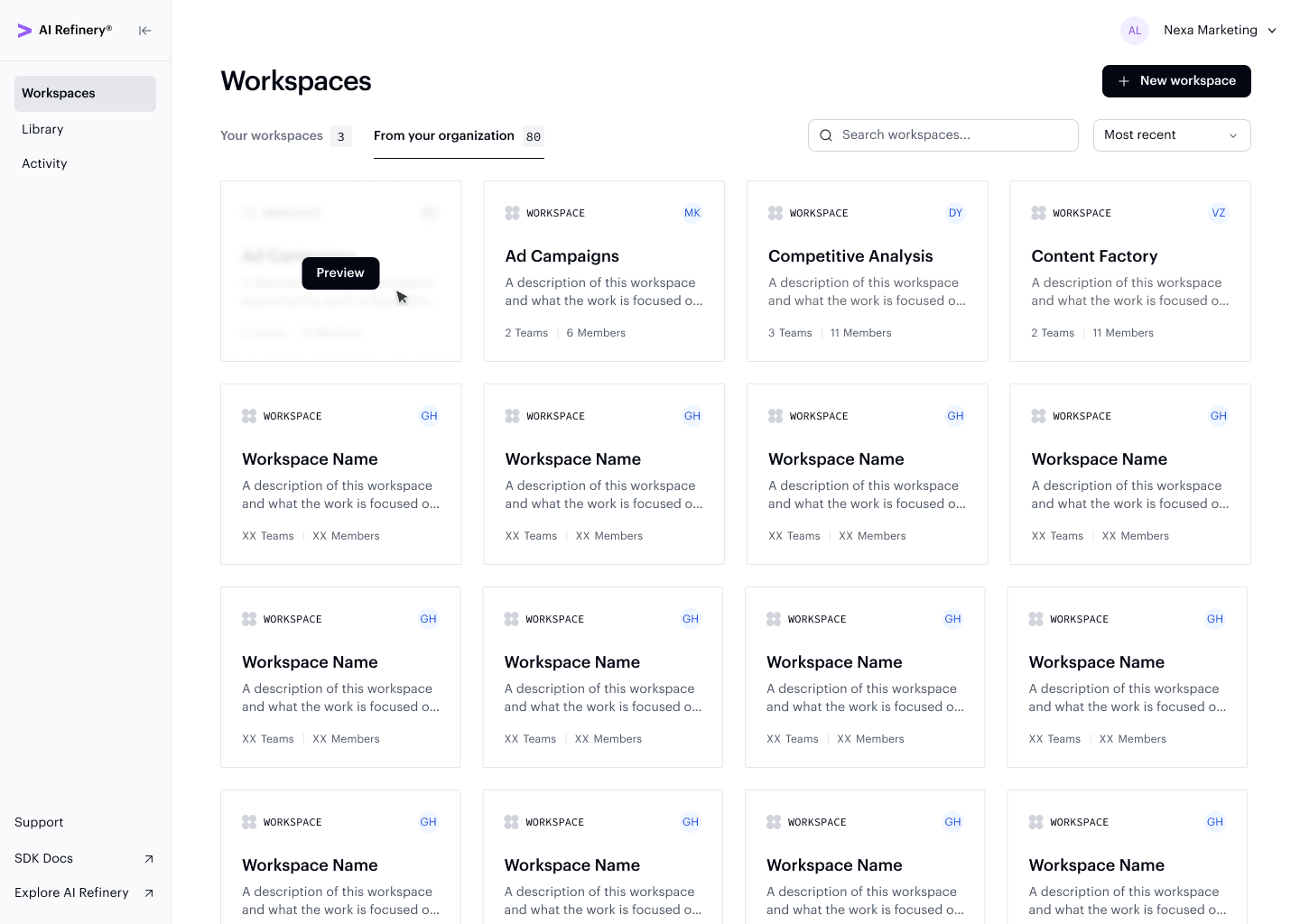 Workspaces grid showing all organization workspaces with member and team counts