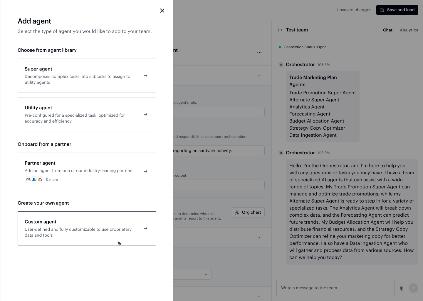 Add agent dialog showing options to choose a Super Agent, Utility Agent, or create a Custom agent