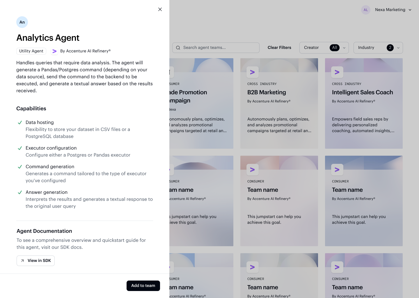 Analytics Agent detail card showing its capabilities for data analysis and visualization