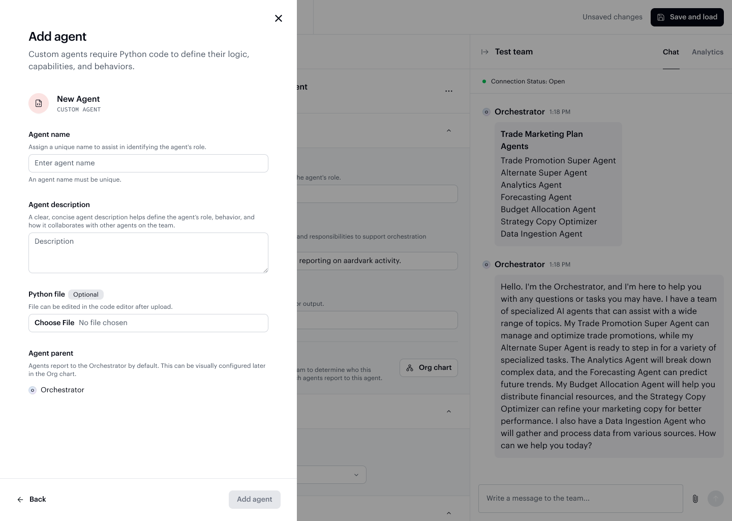 Custom agent creation form with name, description, and Python file upload fields