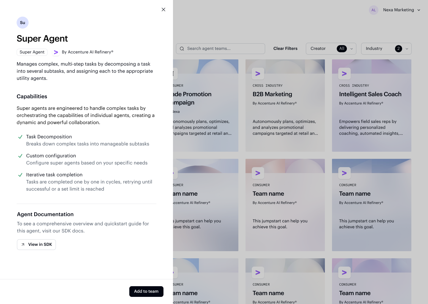 Super Agent detail card showing its description, capabilities, and link to SDK documentation