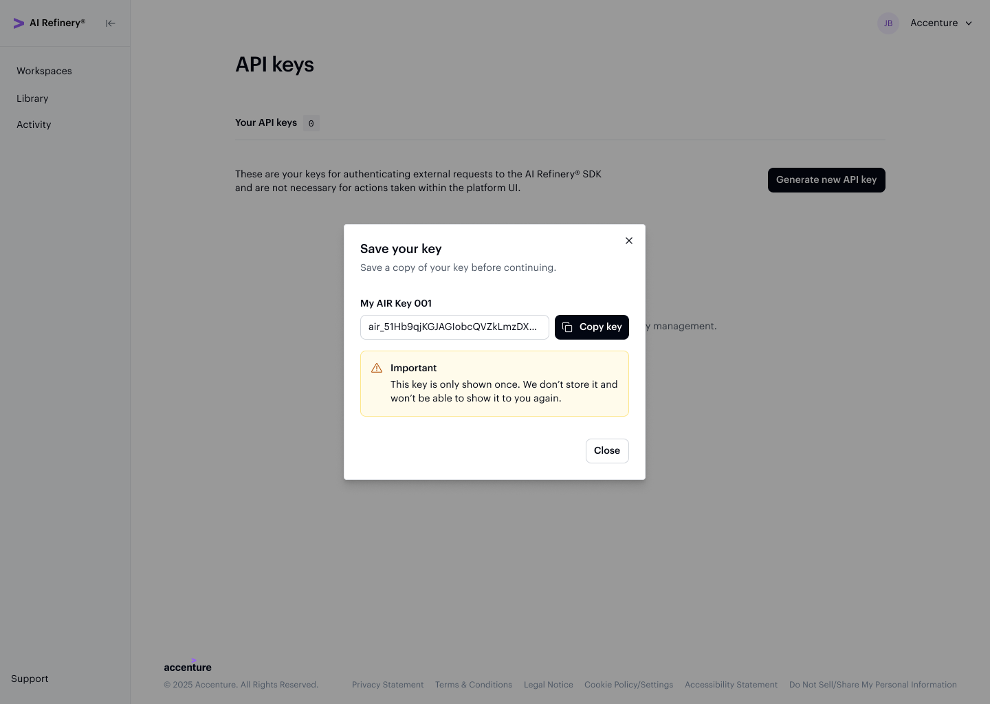 Save your key dialog showing the key value with copy button and a warning that it will not be shown again