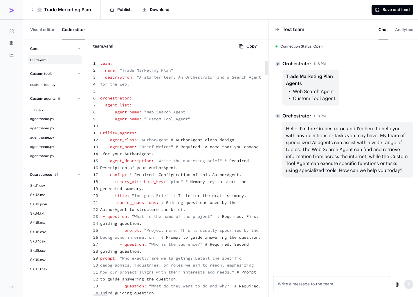 Code Editor showing YAML team configuration with a file navigator on the left side