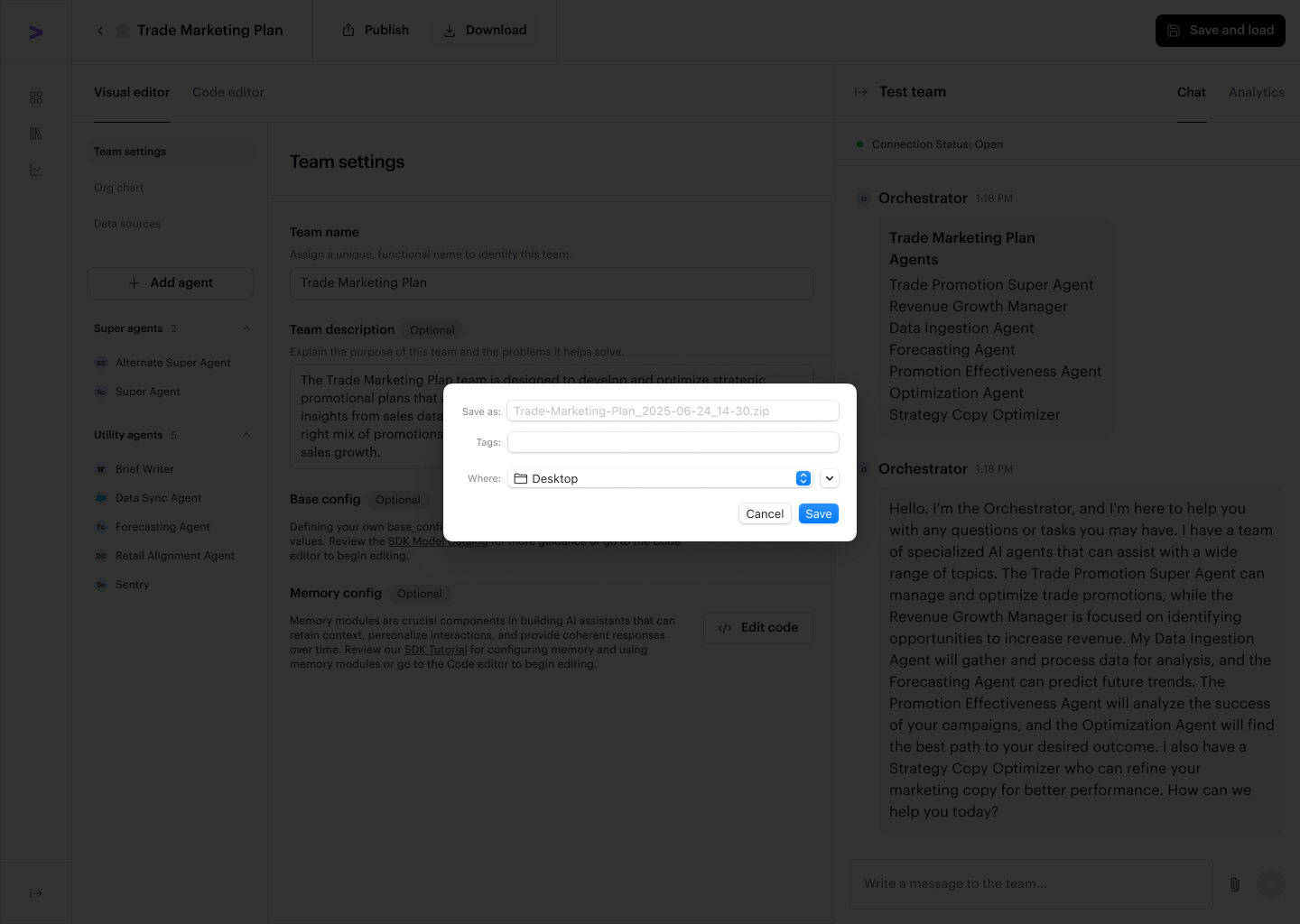 Download dialog showing the file name and a confirmation to proceed with the export