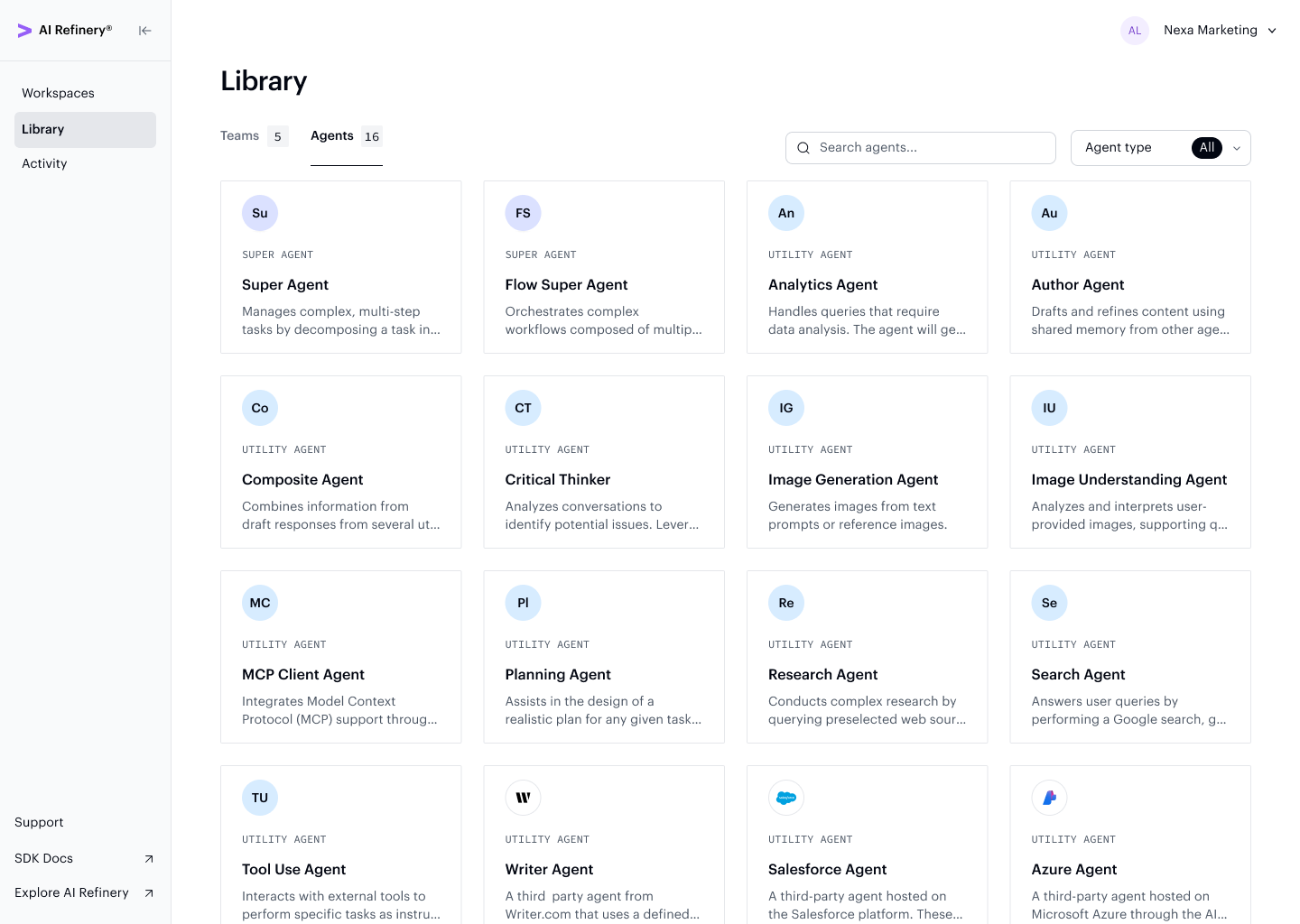 Library Agents tab showing all available utility agents as cards with descriptions