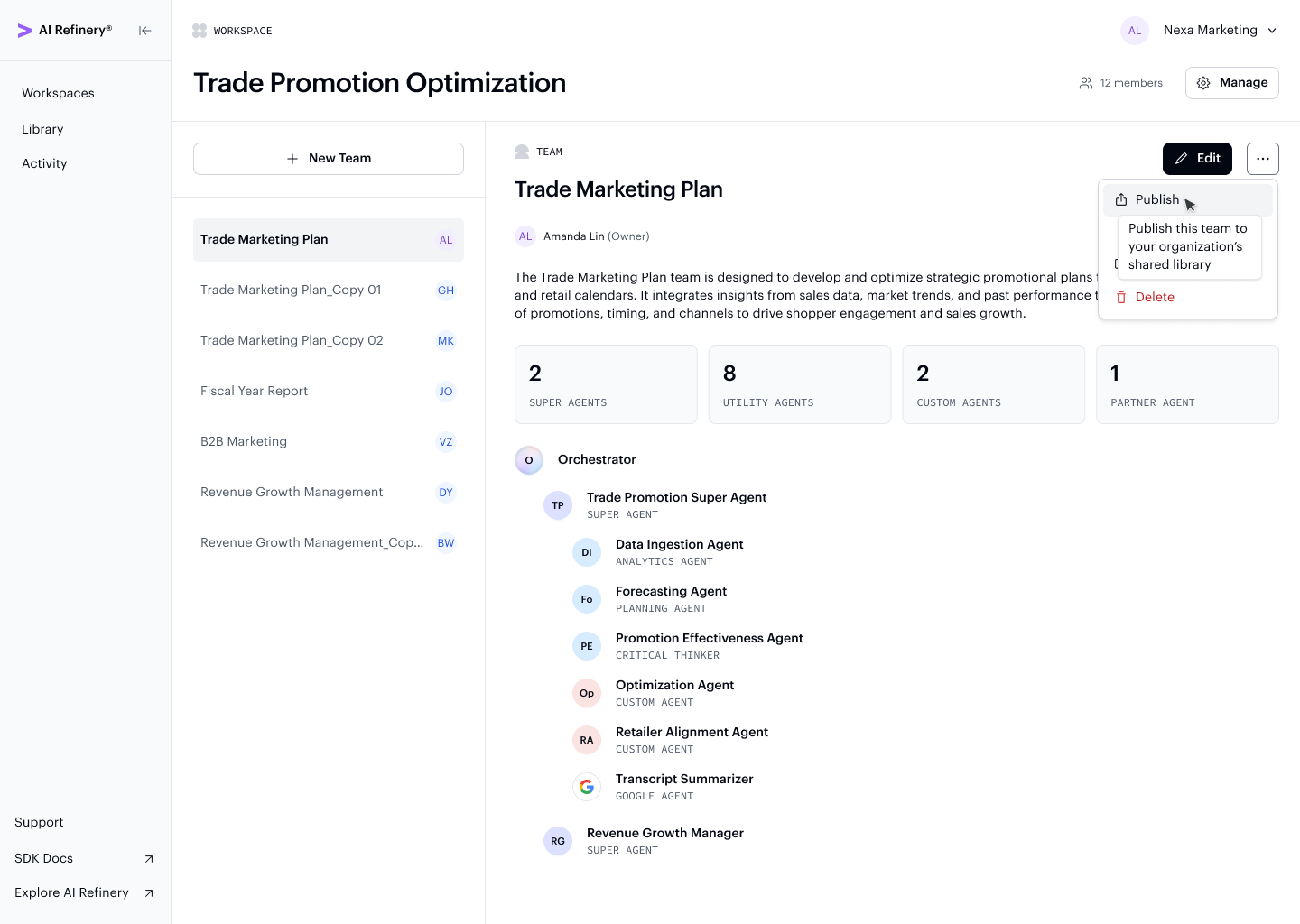 Workspace team action menu open with the Publish option highlighted