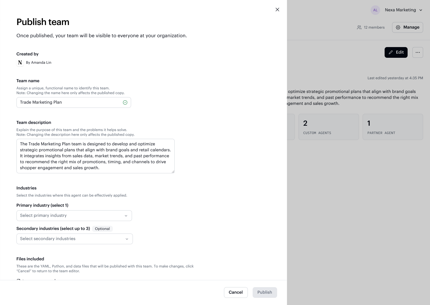 Publish team dialog with fields for team description, industry, and use case
