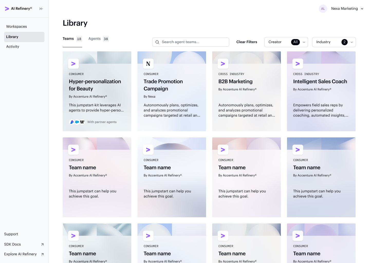 Library Teams tab showing published team cards with descriptions and agent counts