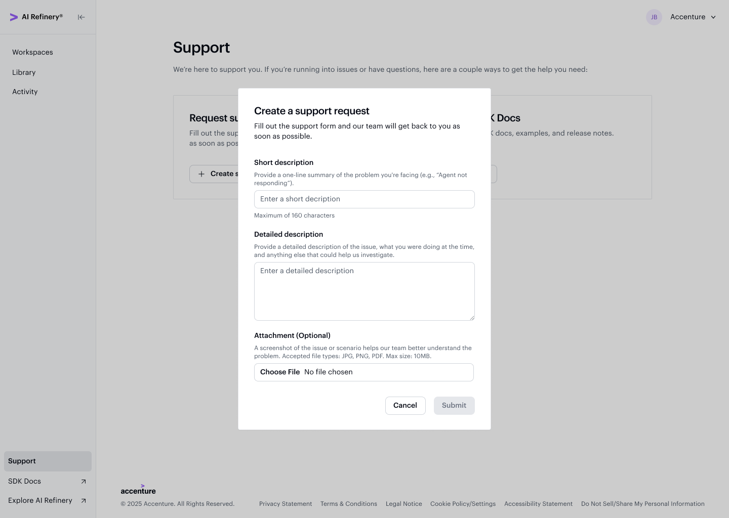 Support page with the Create a support request form open, showing description and attachment fields