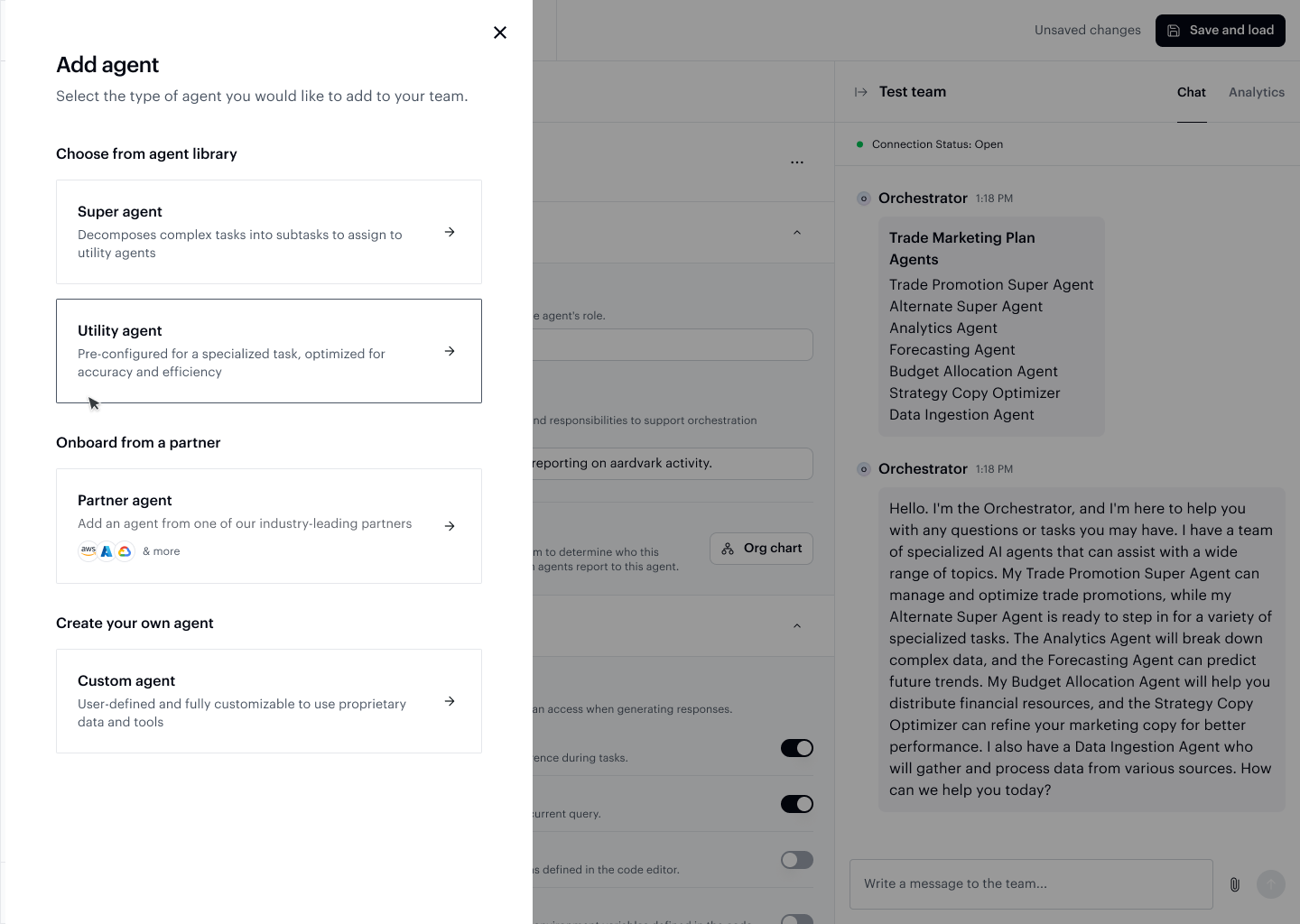 Add agent dialog showing agent type options: Super Agent, Utility Agent, and Custom agent