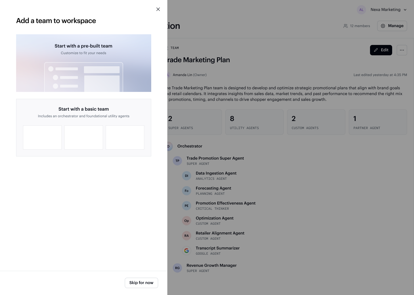 New team dialog with options to start with a pre-built team or a blank team