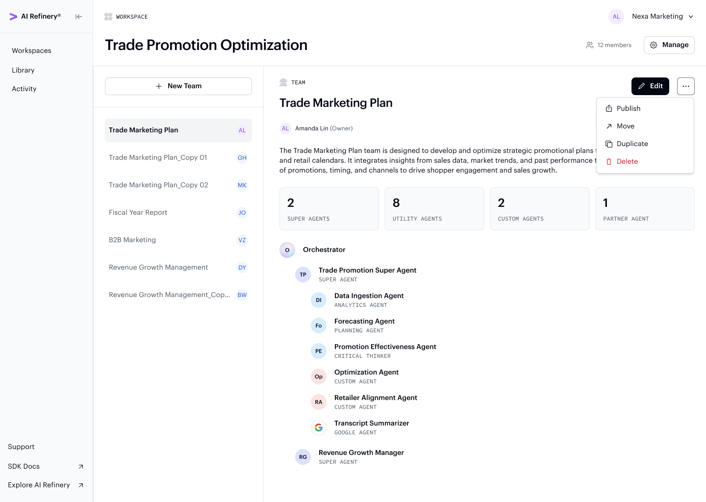 Workspace detail view with a team's action menu open, showing Publish, Move, Duplicate, and Delete options