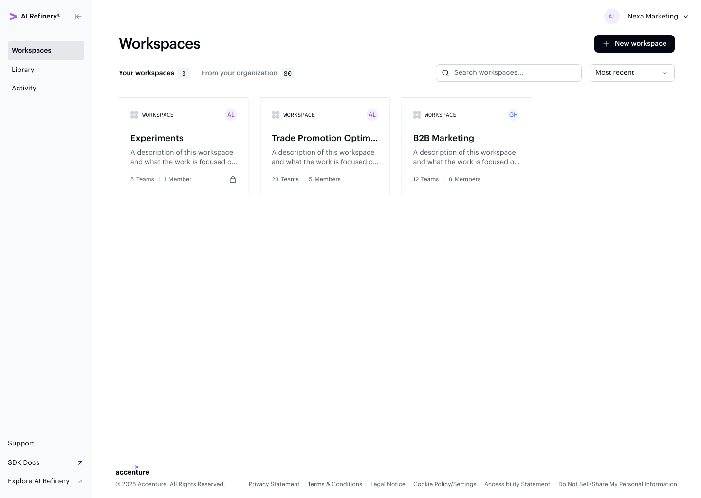Workspaces page showing your workspaces as cards with team and member counts